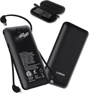10000 mAh Portable Charger Power Bank,Slim External Battery Pack with Built in AC Wall Plug, USB C Cable Total 3 Different Cables Compatible with Cell Phone Tablet