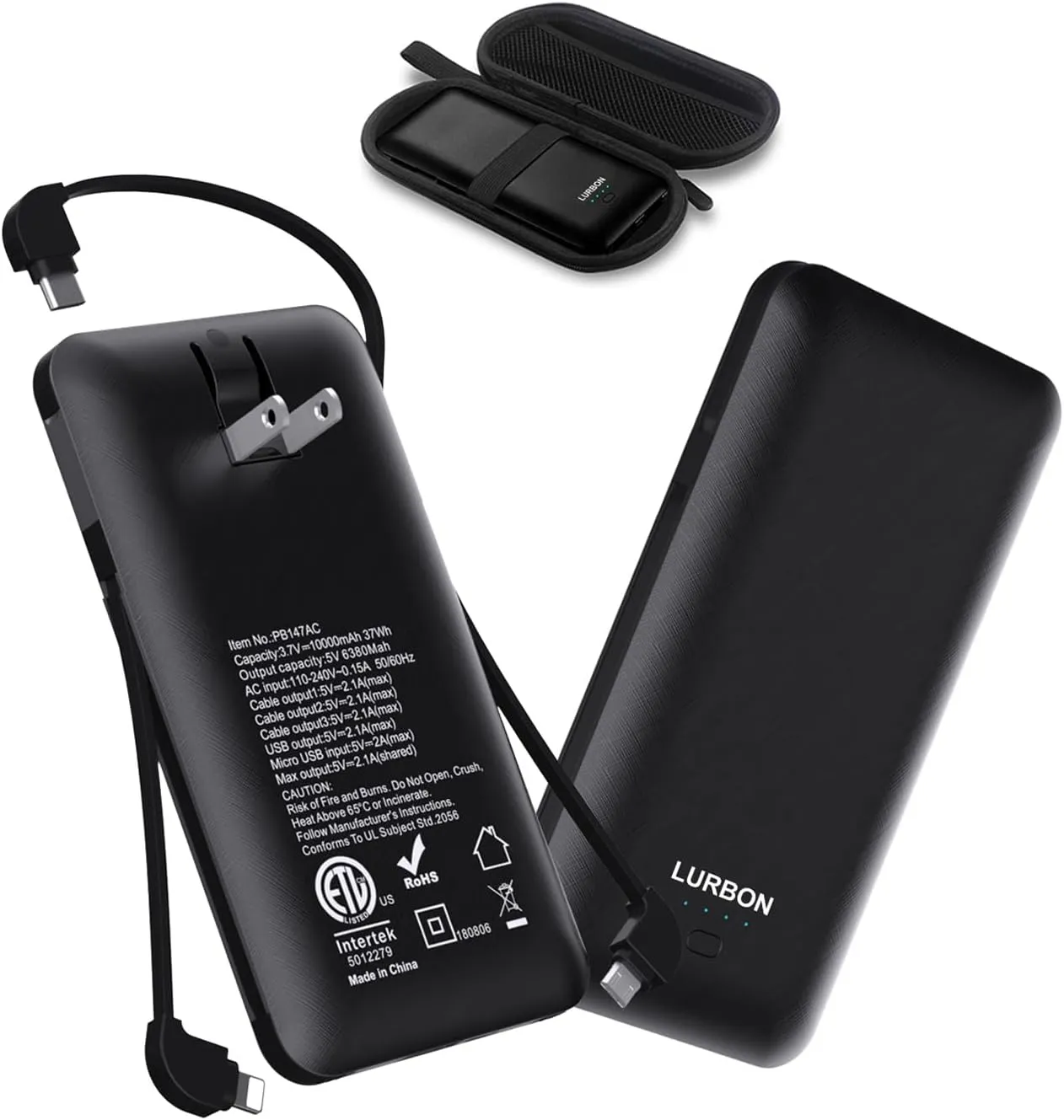 10000 mAh Portable Charger Power Bank,Slim External Battery Pack with Built in AC Wall Plug, USB C Cable Total 3 Different Cables Compatible with Cell Phone Tablet