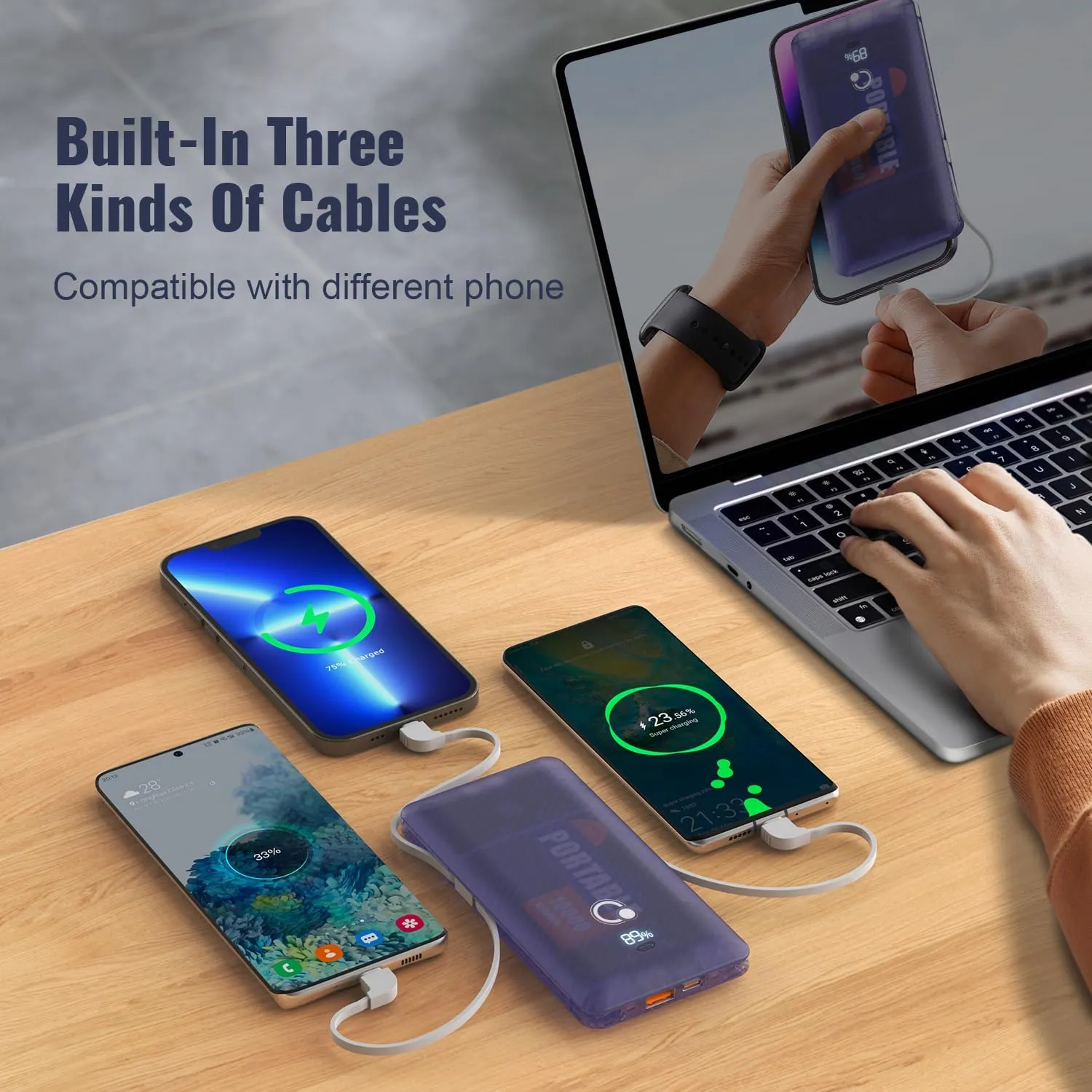 10000mAh Portable Charger with AC Wall Plug,Q Slim USB C Fast Charging Power Bank,5 Output External Battery Pack with Built-in 3 Cables Compatible with Different Kinds of mobilephone, Tablet