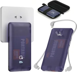 10000mAh Portable Charger with AC Wall Plug,Q Slim USB C Fast Charging Power Bank,5 Output External Battery Pack with Built-in 3 Cables Compatible with Different Kinds of mobilephone, Tablet