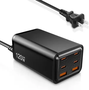 120W USB C Charger,6 Port Type C Charger Fast Charging Station for Multiple Devices,Portable GaN Charger for iPad Pro,iPhone 15 Pro Max/15 Pro/14 Pro/14 Pro Max/13/12/11,Galaxy S23,Note 20/10 ,Android