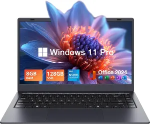 14" Laptop Windows 11 Pro - Intel N5095 Quad-Core, 8GB RAM 128GB SSD, WiFi 5/Bluetooth 5.0, Webcam Privacy Cover, Preloaded Office 2024 - Ultra-Portable