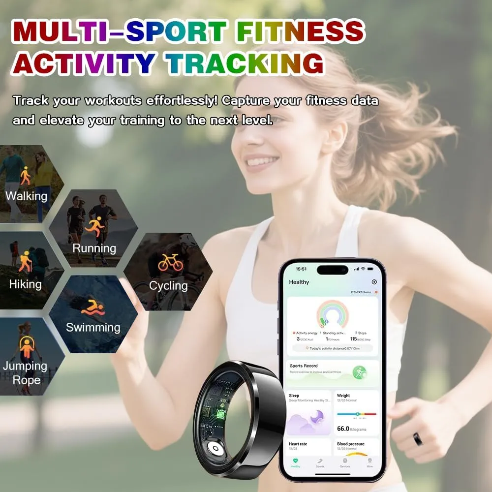 2025 Smart Ring with Air Gesture Control,Heart Rate&Sleep Monitor -Stylish Fitness Ring for Men&Women,IP68 Waterproof,Activity Tracker Records Steps Distance,Compatible with Android&iOS (Black, 11#)