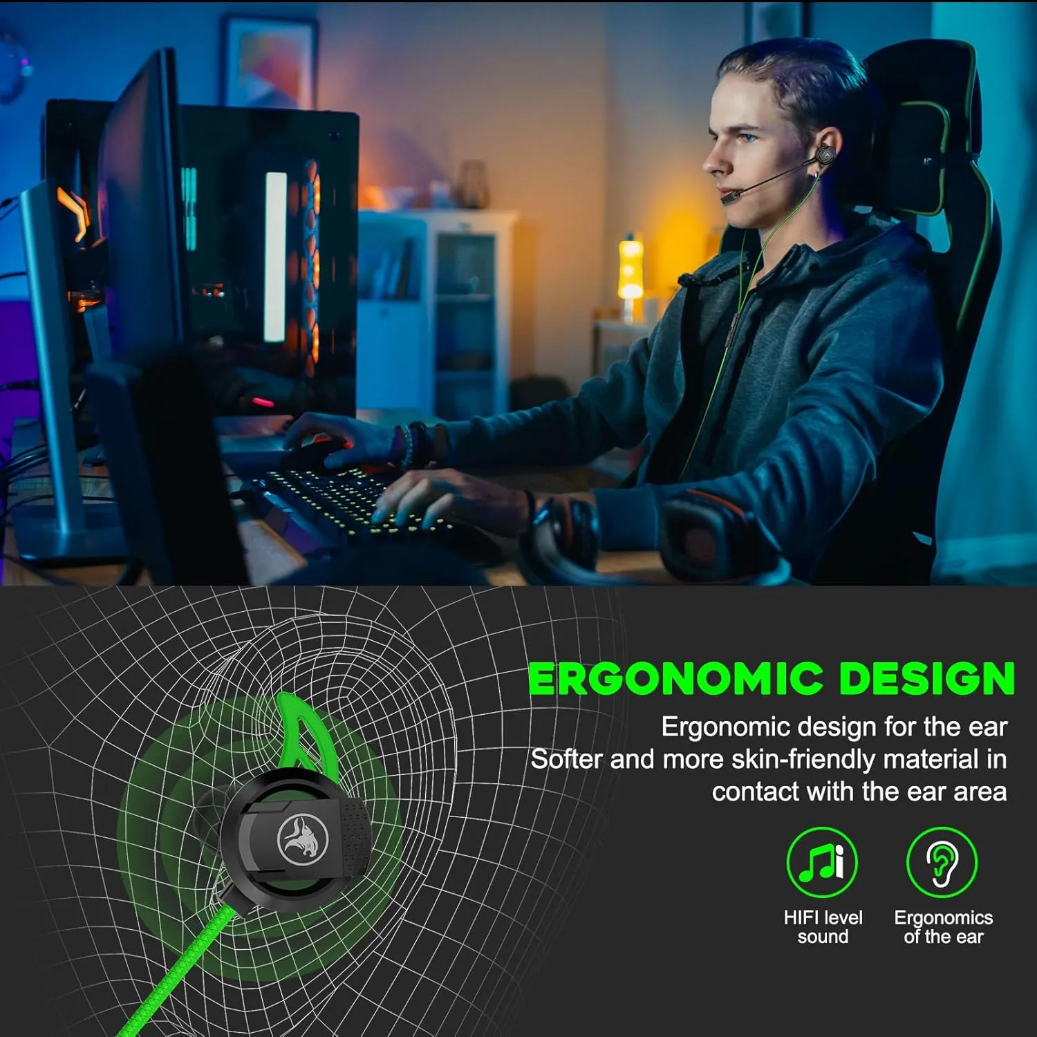 3.5 MM Gaming Headphone Wired Gaming Earphone Noise Cancelling Stereo Bass E-Sport Earphone with Adjustable Mic for PS4, Xbox One, Laptop, Cellphone, PC (Green)