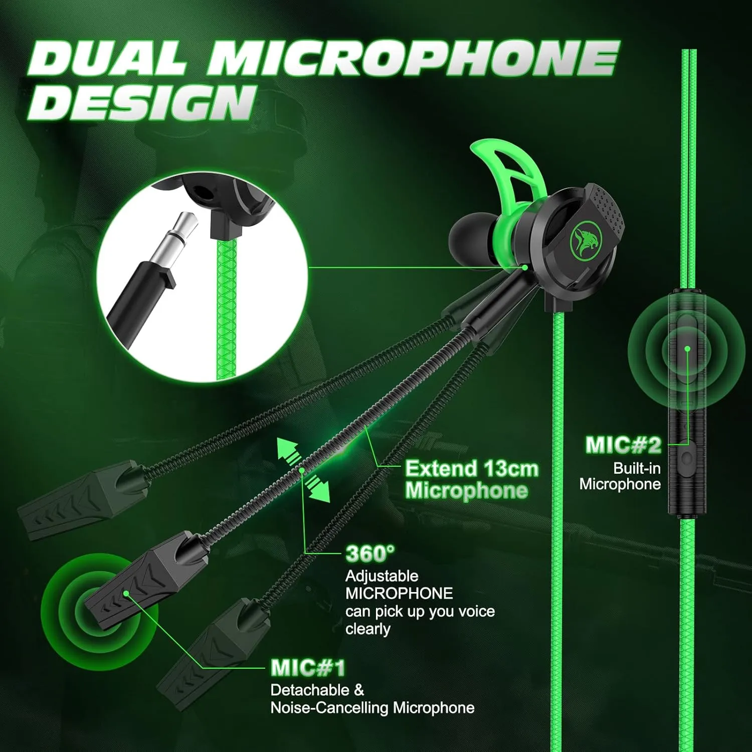 3.5 MM Gaming Headphone Wired Gaming Earphone Noise Cancelling Stereo Bass E-Sport Earphone with Adjustable Mic for PS4, Xbox One, Laptop, Cellphone, PC (Green)