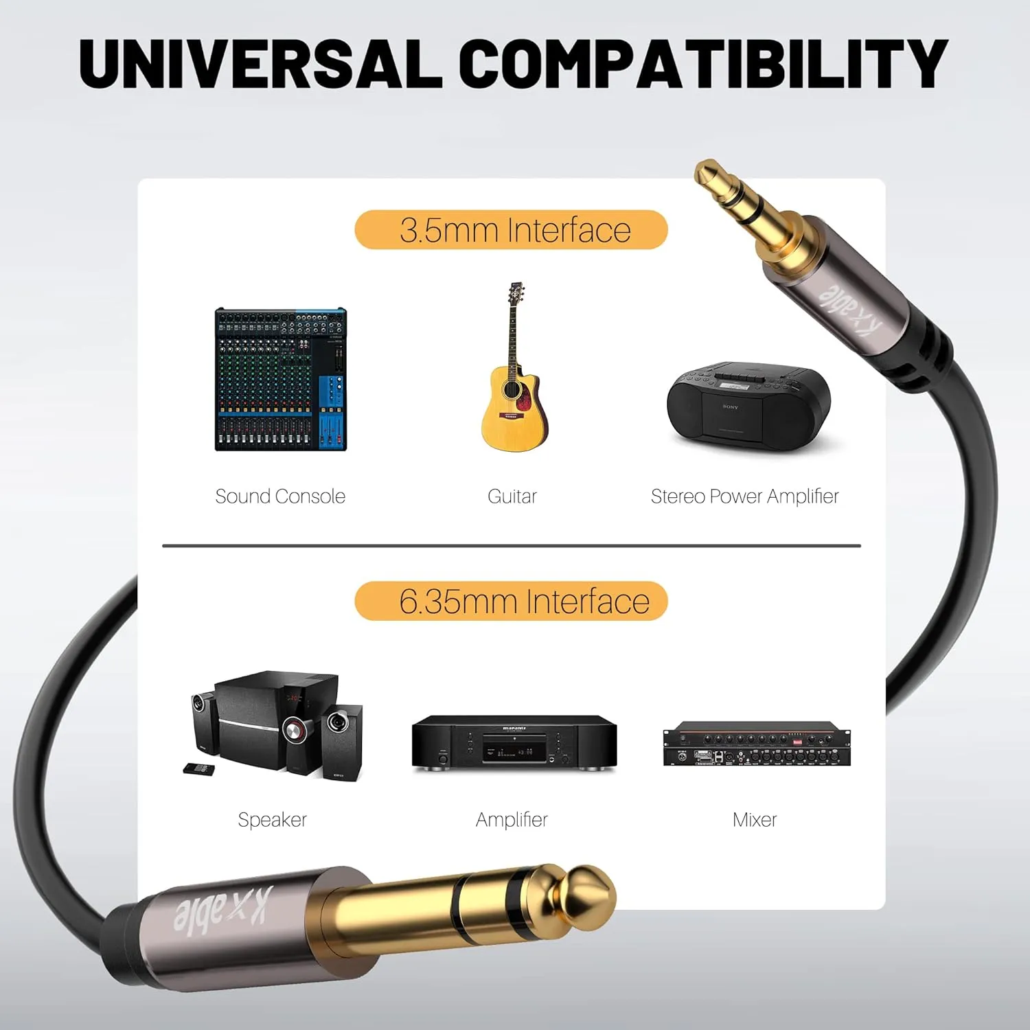3.5mm to 6.35mm Stereo Audio Cable 25 Feet, Long 1/4 to 1/8 inch Headphone Cable Jack, Hi-Fi Sound, Gold Plated Connectors, OFC Core, Black Cable (with 5 pcs Cable Ties) - 25ft