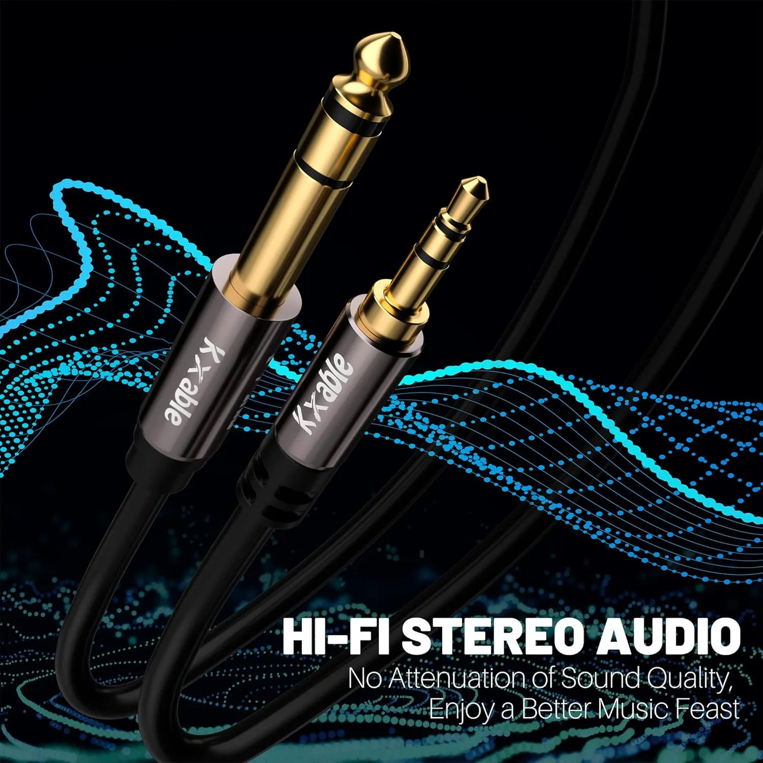 3.5mm to 6.35mm Stereo Audio Cable 25 Feet, Long 1/4 to 1/8 inch Headphone Cable Jack, Hi-Fi Sound, Gold Plated Connectors, OFC Core, Black Cable (with 5 pcs Cable Ties) - 25ft
