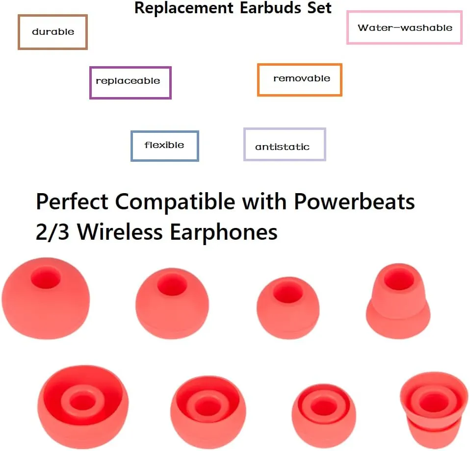 4 Pairs Earbud Replacement Pieces Silicone Earbud Tips Compatible with Beats Powerbeats 3 Powerbeats 2 Wireless in-Ear Earphones,(S/M/L, and Double Flange) Psychedelic Red