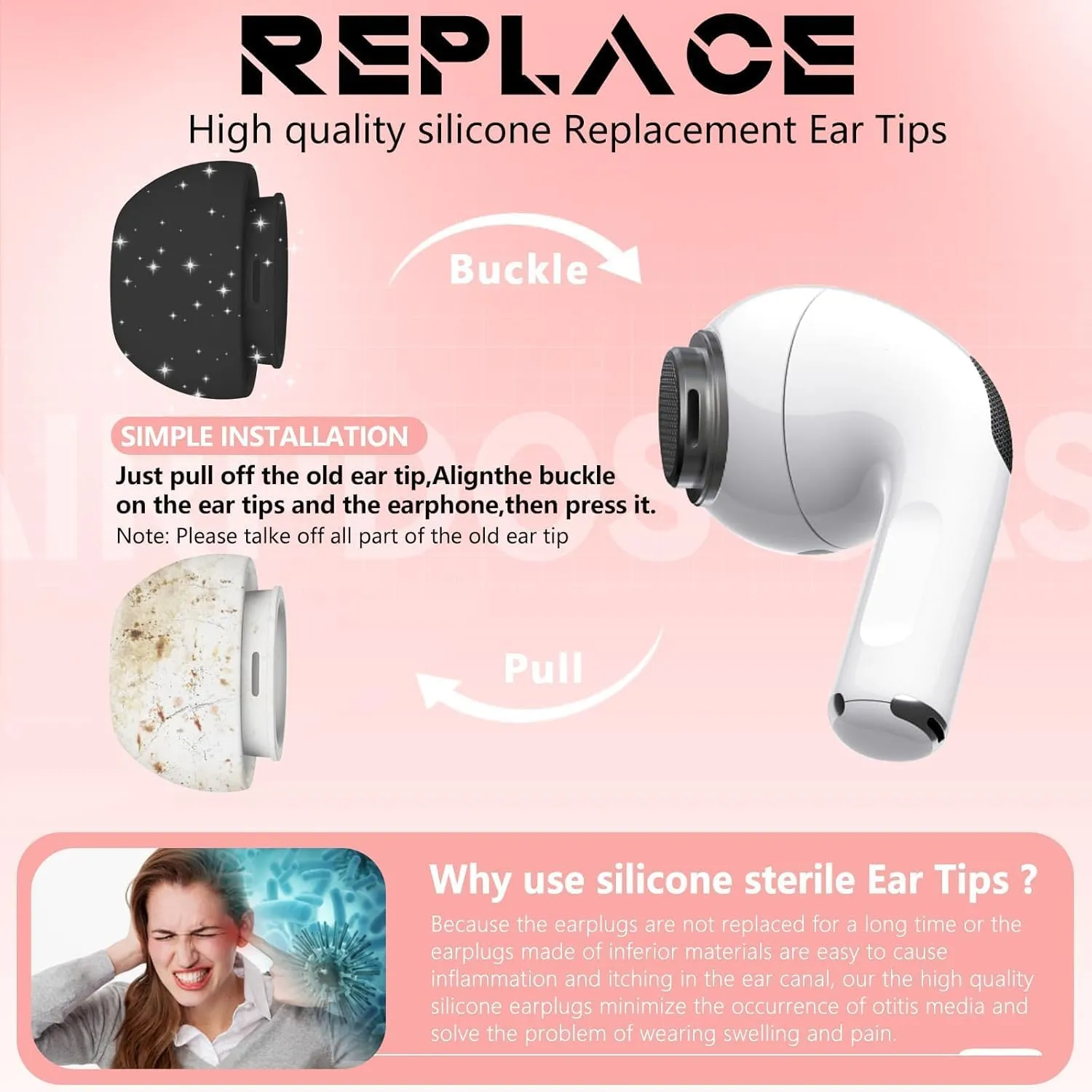 4 Pairs Replacement Ear Tips for AirPods Pro 2nd/1st Generation with Portable Storage Box & Cleaner Pen,Noise Reduction Holewith & Built-in dust Guard Screen,Silicone Ear Tips for AirPods Pro (Black)