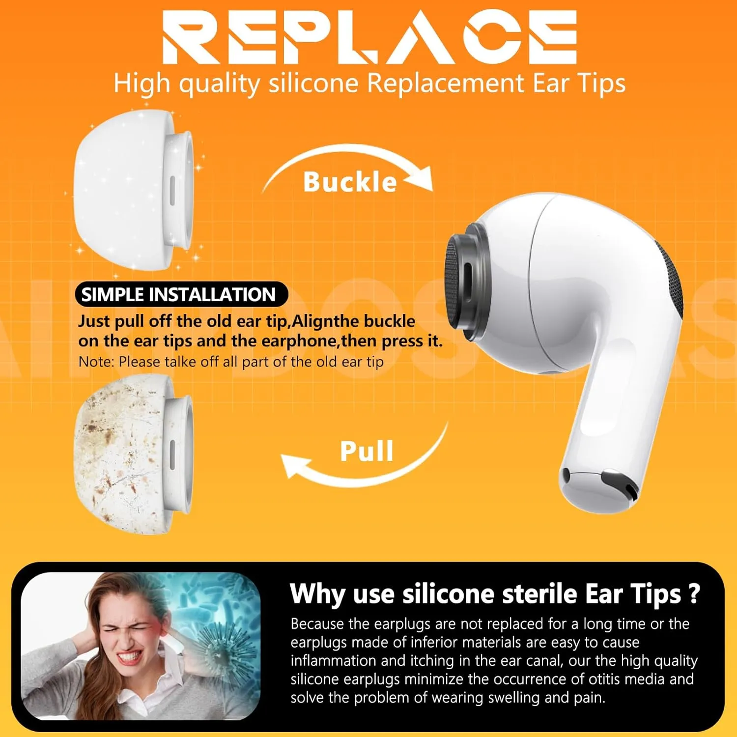 4 Pairs Replacement Ear Tips for AirPods Pro 2nd/1st Generation with Portable Storage Box & Cleaner Pen,Noise Reduction Holewith & Built-in dust Guard Screen,Silicone Ear Tips for AirPods Pro (White)