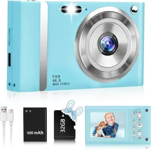 48MP Digital Camera for Kids 1080P HD Compact Camera with 16x Zoom Anti Shake 2.4 inch IPS Screen Small Camera 32GB SD Card for Kids Teens Gifts (Blue)