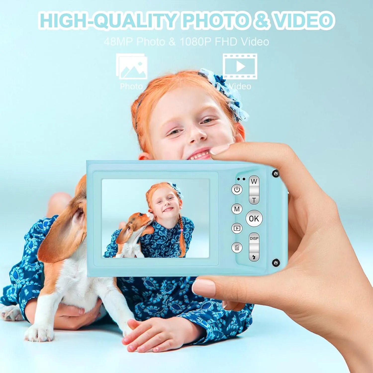 48MP Digital Camera for Kids 1080P HD Compact Camera with 16x Zoom Anti Shake 2.4 inch IPS Screen Small Camera 32GB SD Card for Kids Teens Gifts (Blue)