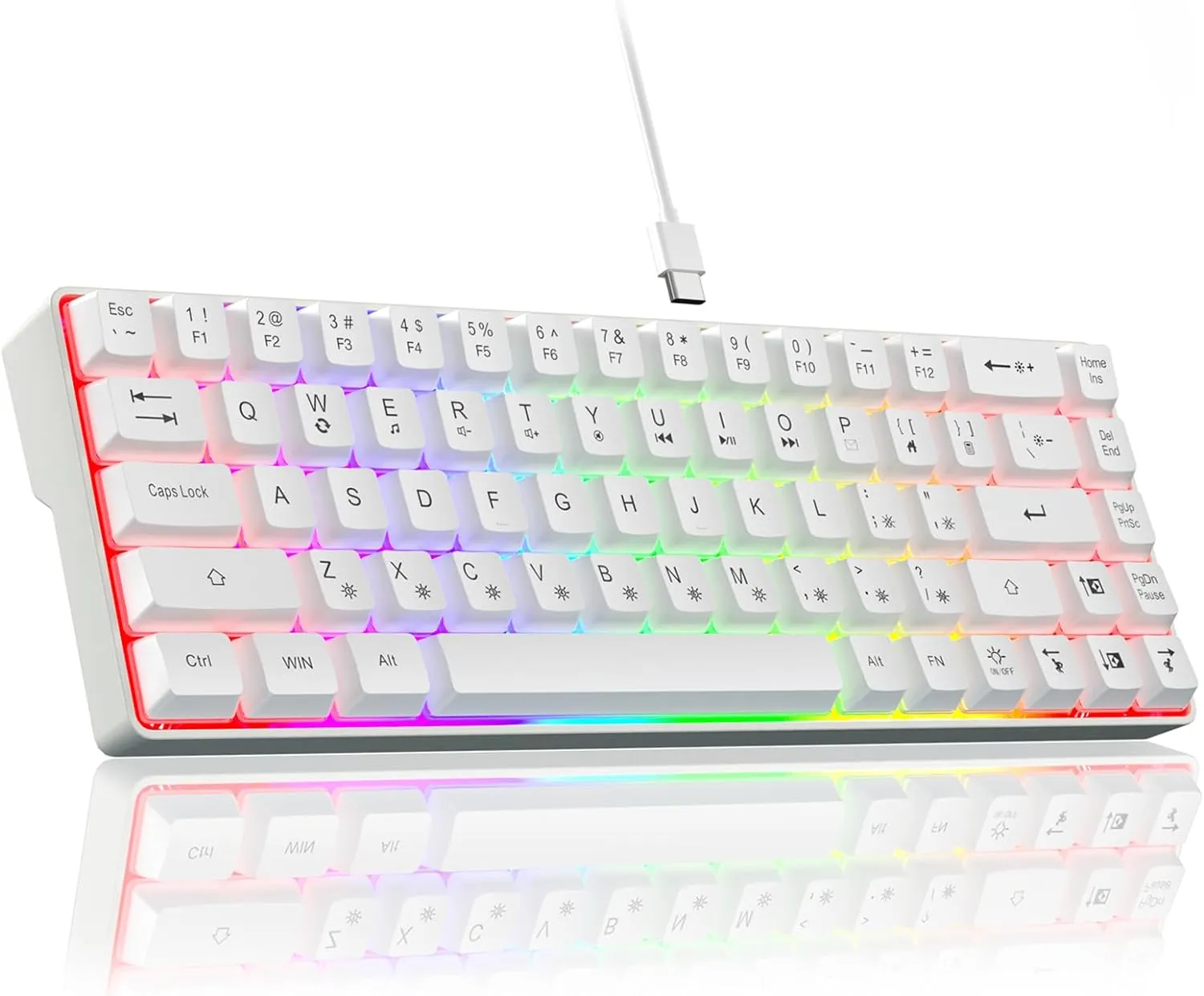 60% Gaming Keyboard, USB-C Wired, Compact Mini, 68 Keys RGB Backlit Portable Membrane Keyboard for Business Trips, Office, PC Games (SK968, White)