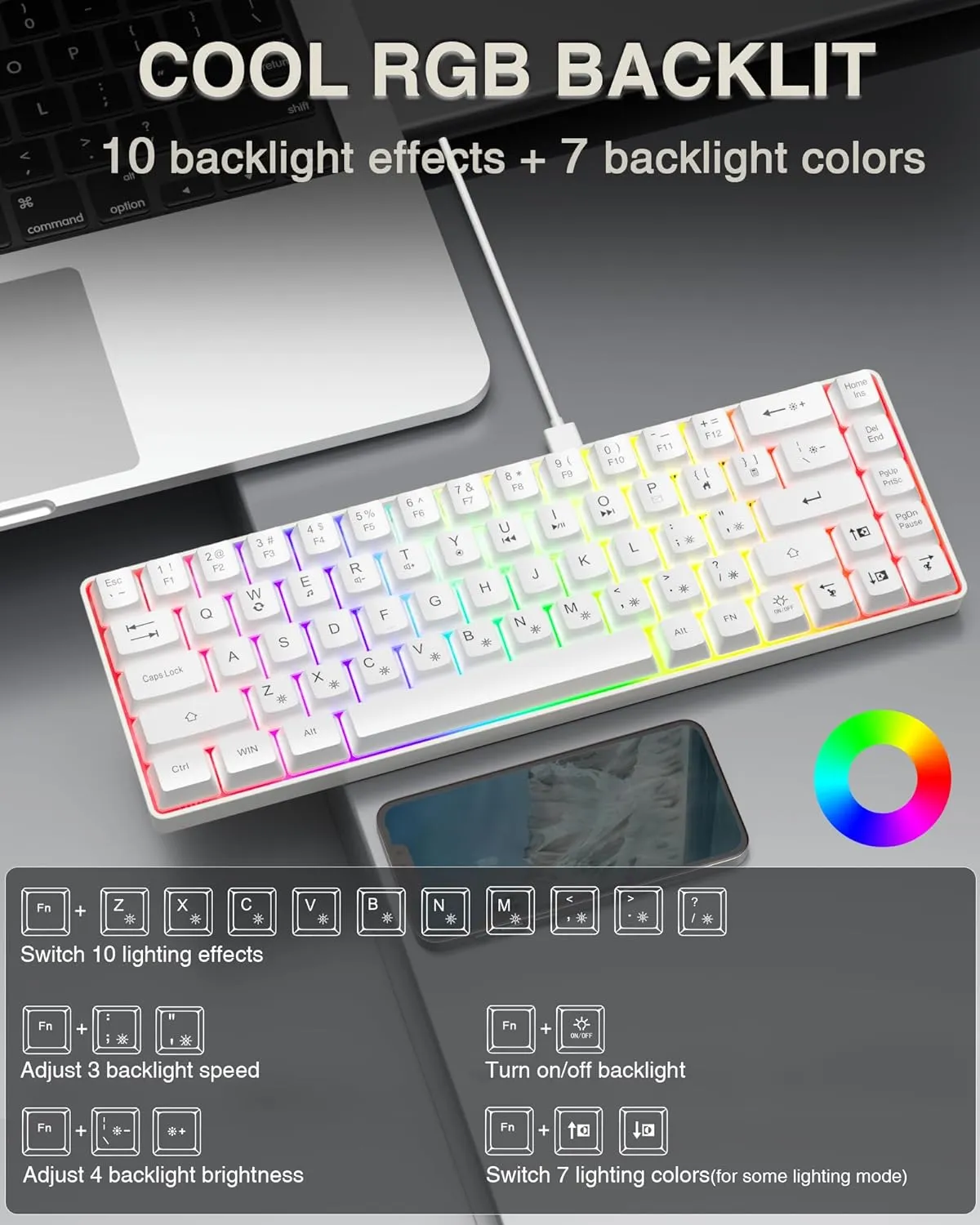 60% Gaming Keyboard, USB-C Wired, Compact Mini, 68 Keys RGB Backlit Portable Membrane Keyboard for Business Trips, Office, PC Games (SK968, White)
