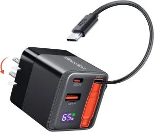 65W USB C Charger Block with Retractable Type C Cable and Dual Port Travel Charger (GaN3), PD PPS Fast Charging Foldable Wall Charge for MacBook,Lenovo IdeaPad,iPhone 16 Pro Max,Galaxy S24 and More