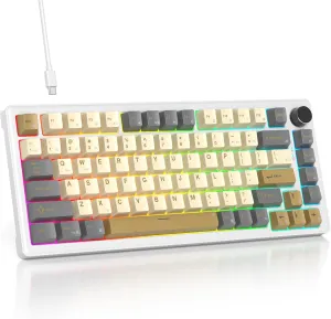 75% Retro Mechanical Keyboard Gasket with Knob, Custom Wired Creamy Gaming Keyboard TKL 75 Percent Hot Swappable RGB Backlit, Pre-lubed Switch for Win/MAC PC LaptopShimmer/White Switch