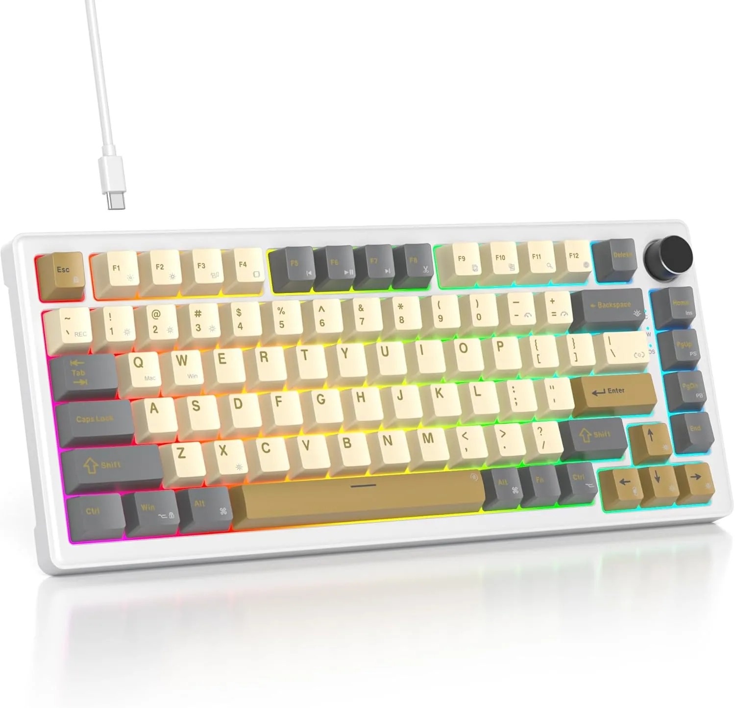 75% Retro Mechanical Keyboard Gasket with Knob, Custom Wired Creamy Gaming Keyboard TKL 75 Percent Hot Swappable RGB Backlit, Pre-lubed Switch for Win/MAC PC LaptopShimmer/White Switch