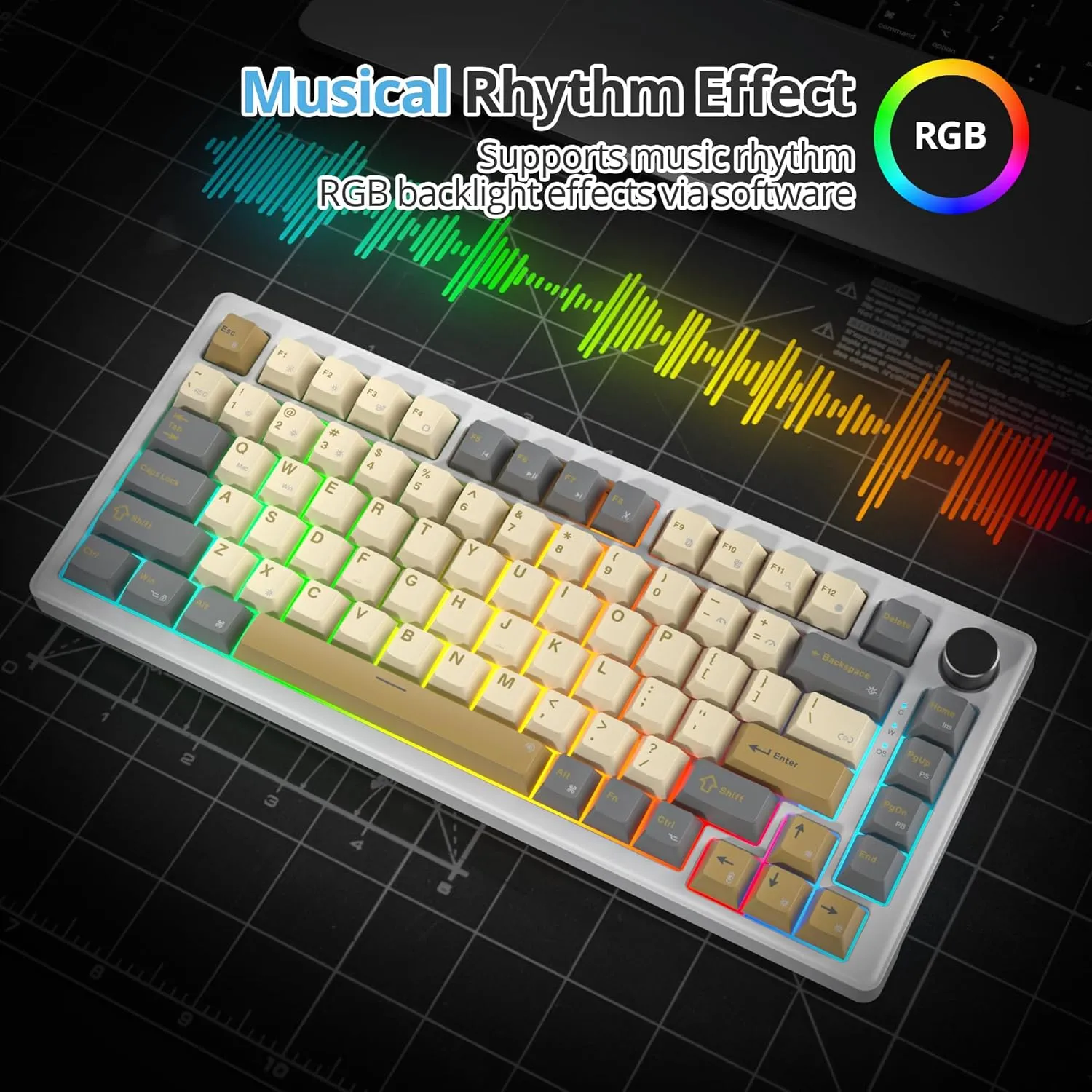 75% Retro Mechanical Keyboard Gasket with Knob, Custom Wired Creamy Gaming Keyboard TKL 75 Percent Hot Swappable RGB Backlit, Pre-lubed Switch for Win/MAC PC LaptopShimmer/White Switch