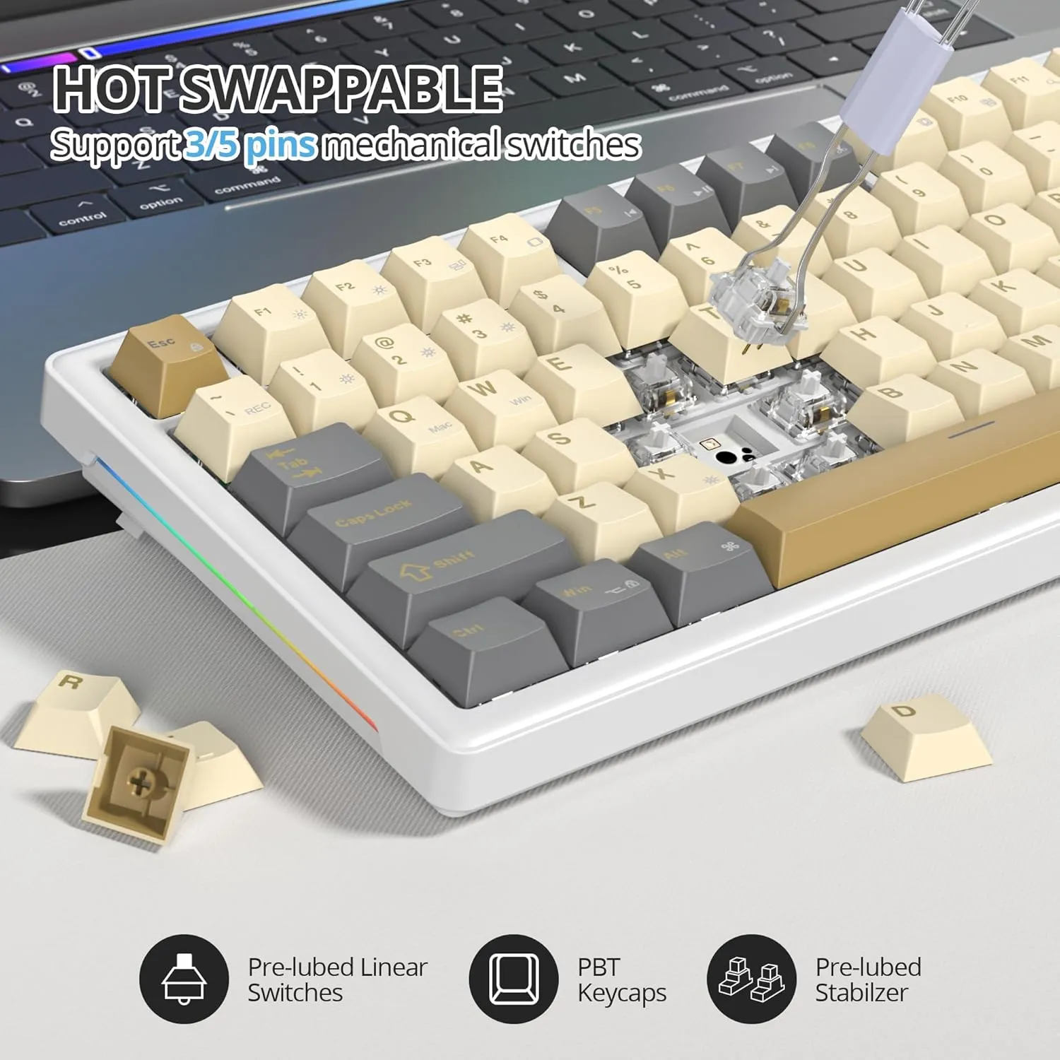 75% Retro Mechanical Keyboard Gasket with Knob, Custom Wired Creamy Gaming Keyboard TKL 75 Percent Hot Swappable RGB Backlit, Pre-lubed Switch for Win/MAC PC LaptopShimmer/White Switch