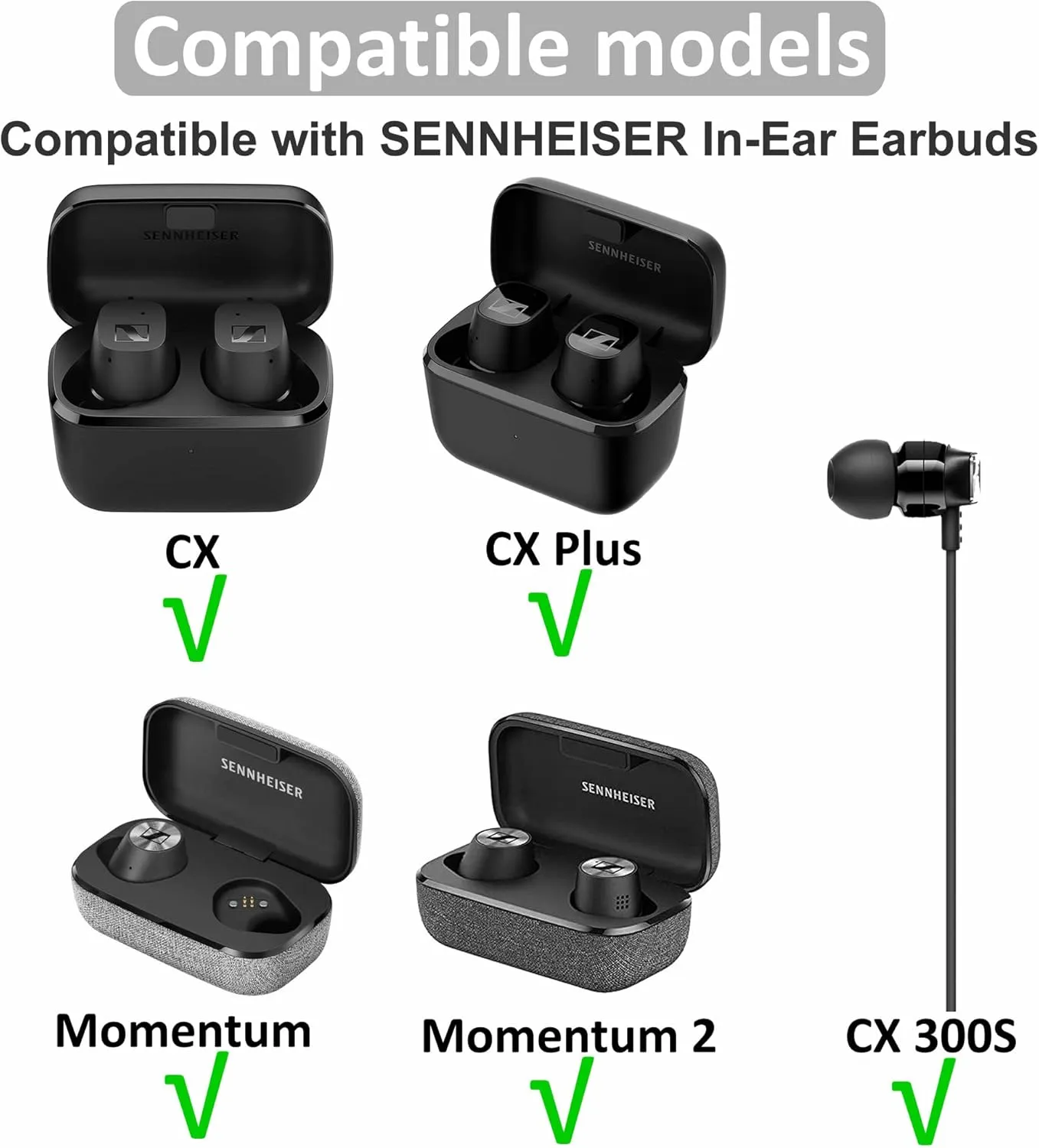 8 Pairs Compatible with Sennheiser CX Plus/Momentum 2 Ear Tips, XS/S/M/L 4 Size Replacement Soft Flexible Silicone Eartips Earbuds Accessories Compatible with Sennheiser CX 300S - Black