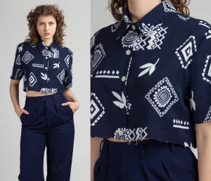 80s Hawaiian Navy Blue Tiki Crop Top - Extra Large