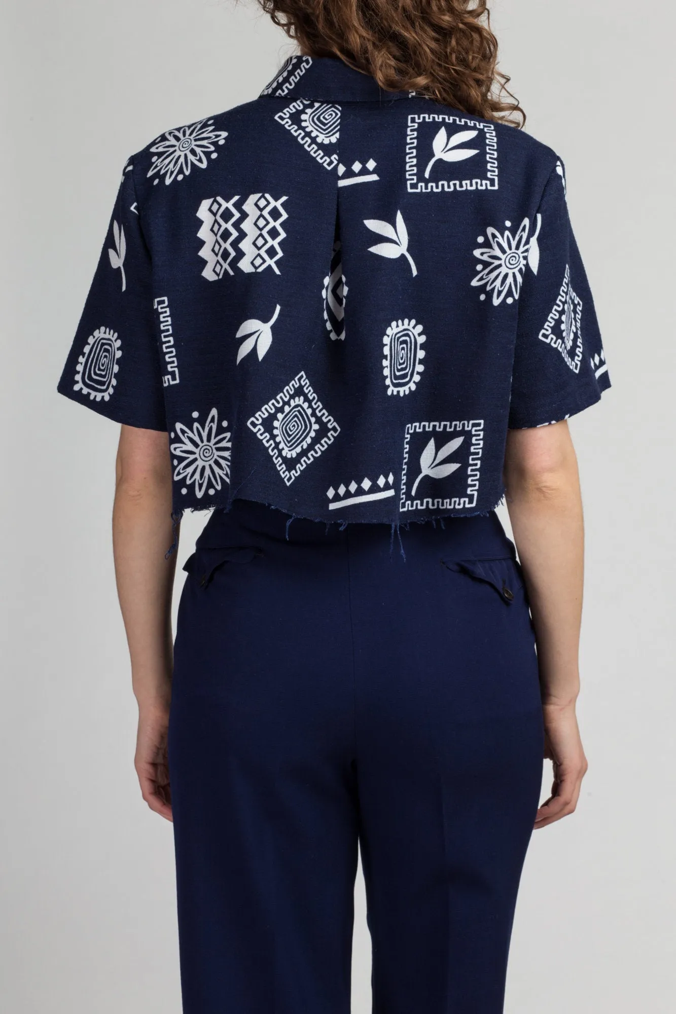 80s Hawaiian Navy Blue Tiki Crop Top - Extra Large