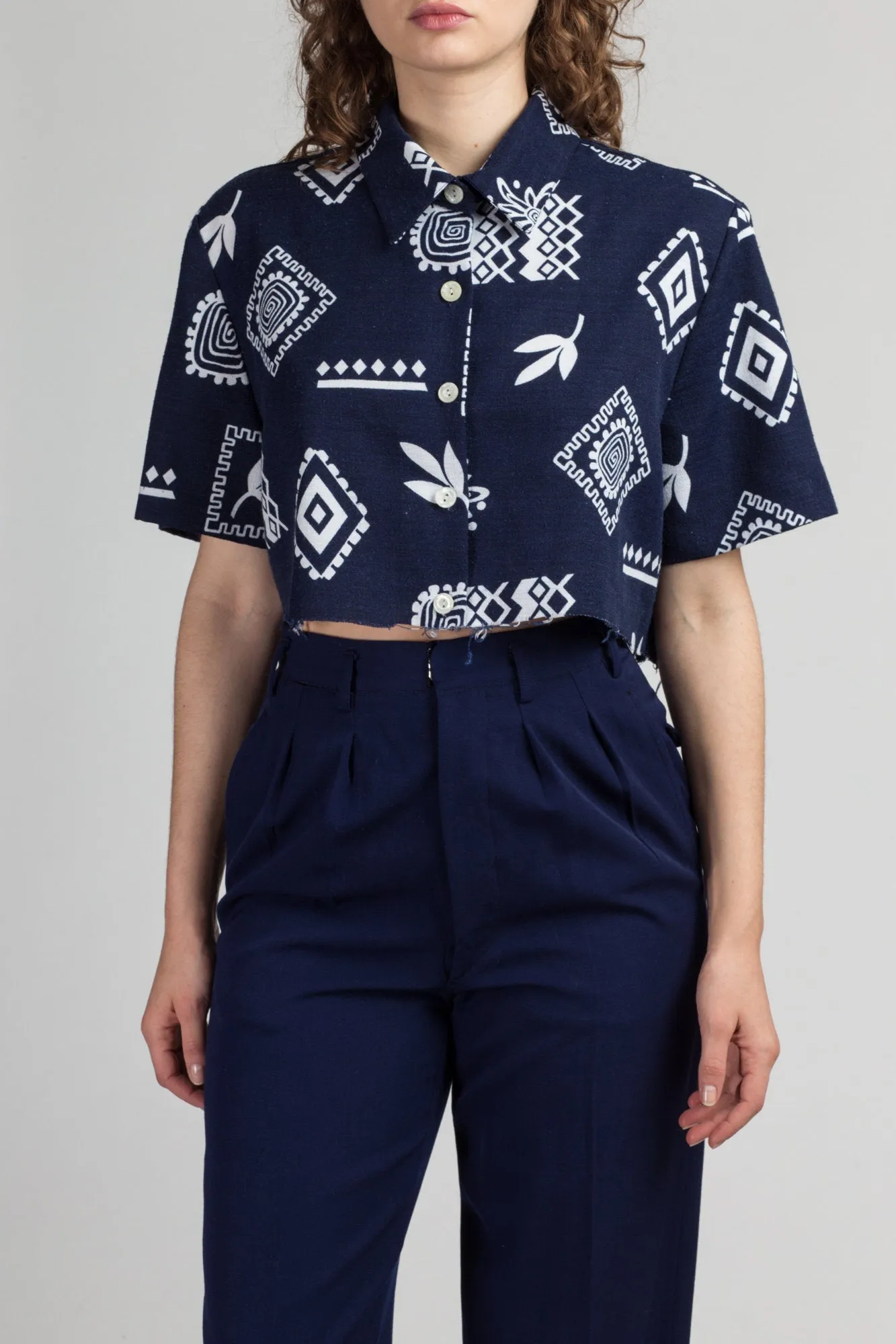80s Hawaiian Navy Blue Tiki Crop Top - Extra Large