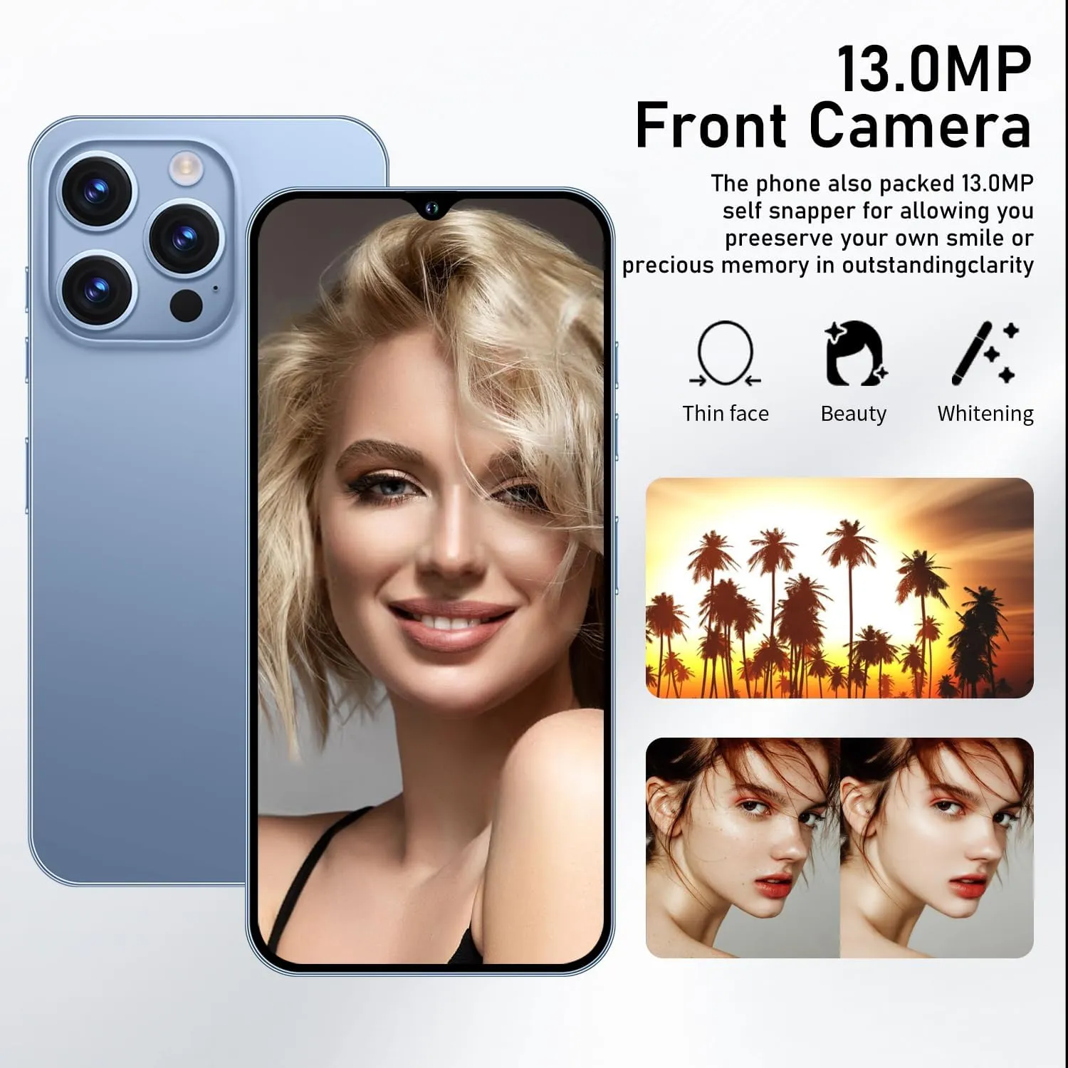 A14ProMax Unlocked Cell Phones 5G Smartphone,Android 13 Cell Phones Snapdragon 8Gen2 6.8" HD Screen 13MP 50MP 6800mAh Support Dual SIM Fingerprint Lock GPS Face ID (8GB 256GB, Blue)
