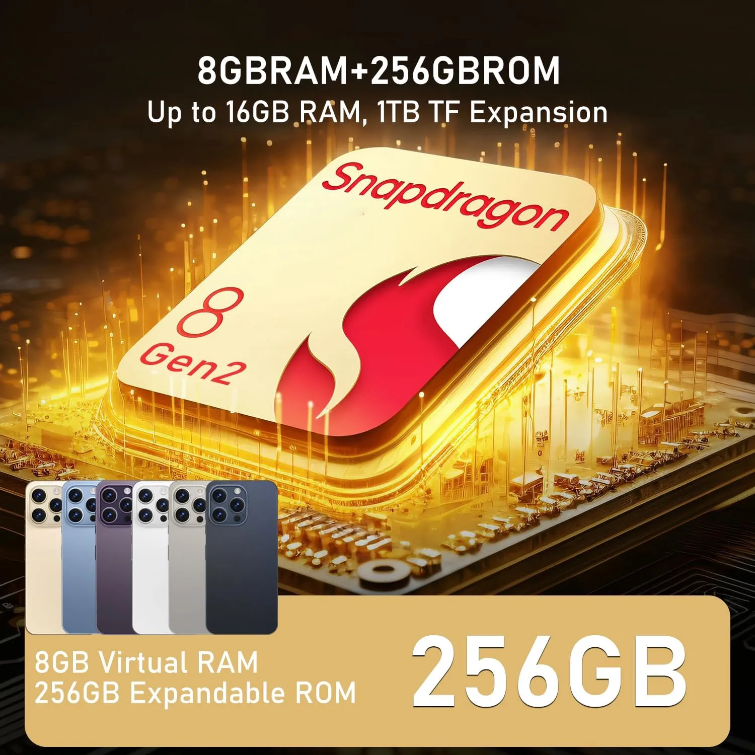 A14ProMax Unlocked Cell Phones 5G Smartphone,Android 13 Cell Phones Snapdragon 8Gen2 6.8" HD Screen 13MP 50MP 6800mAh Support Dual SIM Fingerprint Lock GPS Face ID (8GB 256GB, Gold)