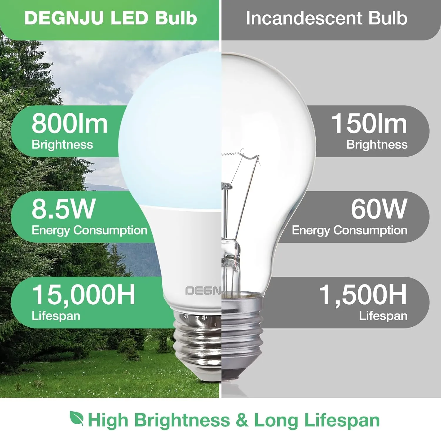 A19 LED Light Bulbs, 60 Watt Equivalent LED Bulbs, Daylight 5000K, 800 Lumens, E26 Standard Base, Non-Dimmable, 8.5W Warm White LED Bulbs for Bedroom Living Room,3 Pack