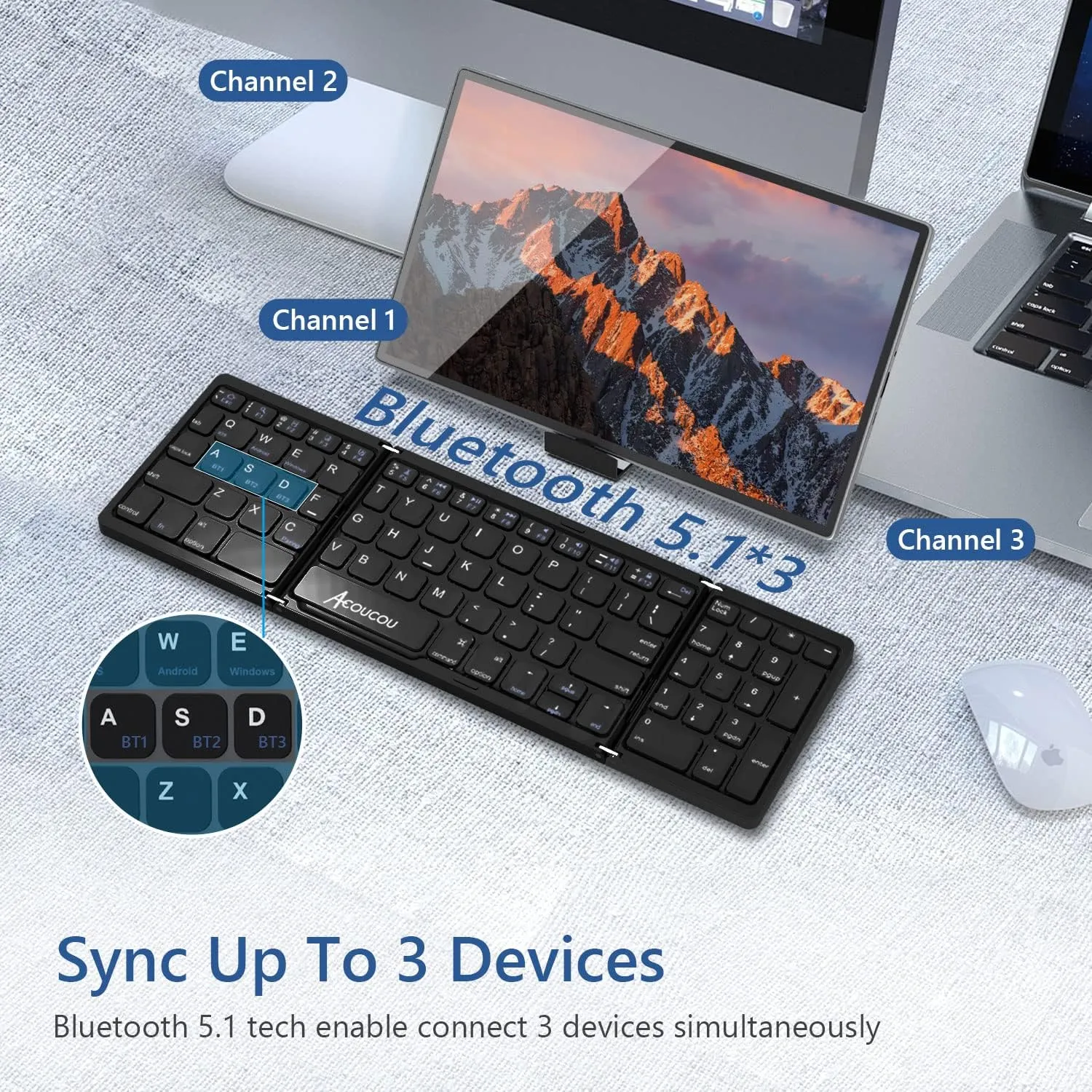 Acoucou Foldable Bluetooth Keyboard with Number Pad, Portable Folding Wireless with Numeric Keypad, Mini Size Travel for Phones/Laptops/Tablets, fit for iOS Windows Android Systems