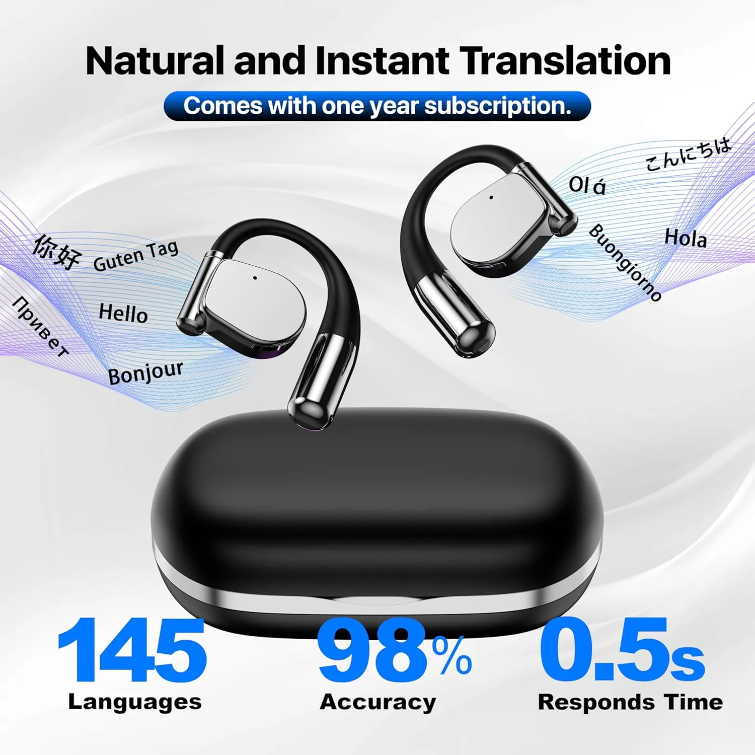 AI Language Translator Earbuds, OWS Real-Time 3-in-1 Translation Earbuds 144 Languages & Accents, Translation Device for Travel Business Learning, Black