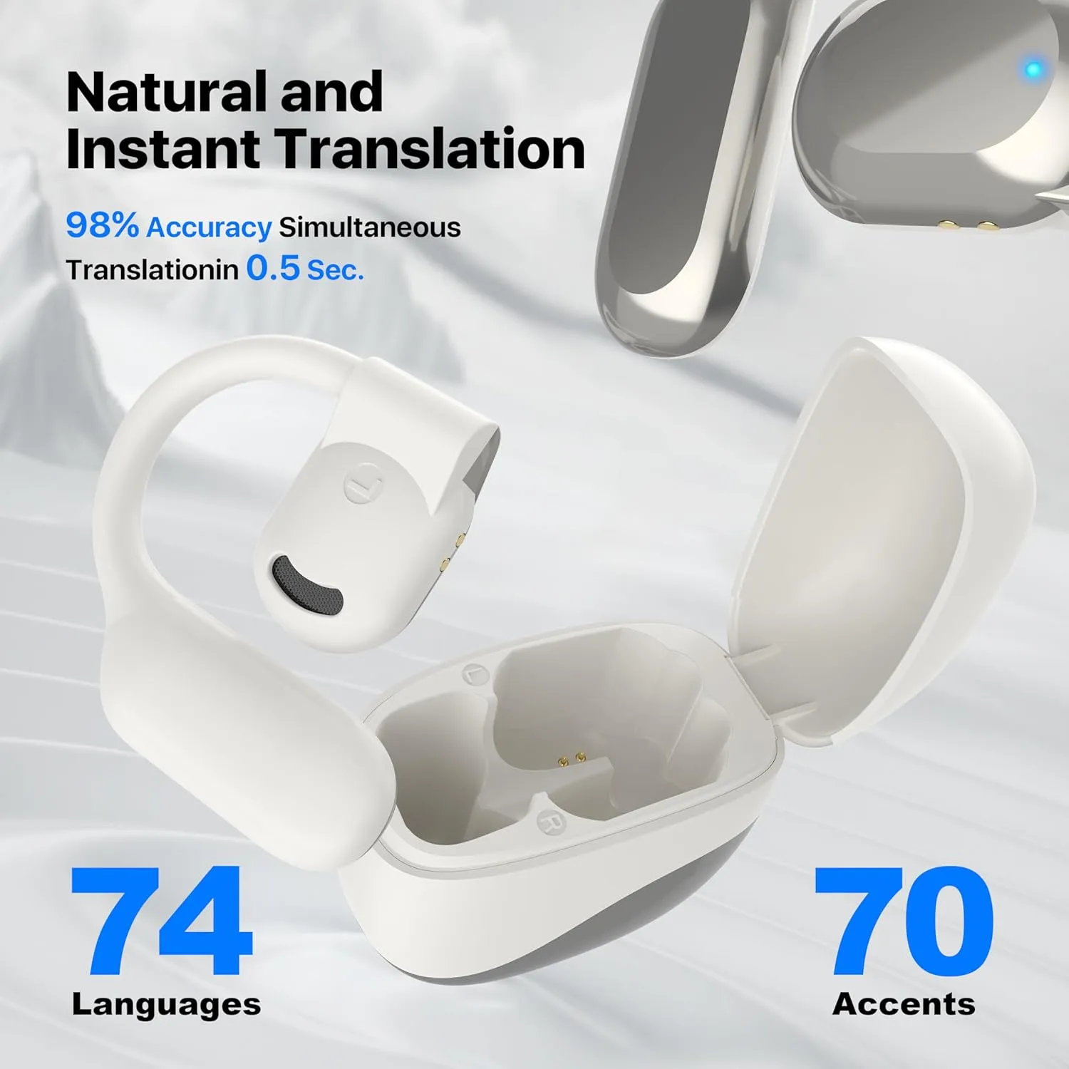 AI Language Translator Earbuds, OWS Real-Time 3-in-1 Translation Earbuds 144 Languages & Accents, Translation Device for Travel Business Learning, White
