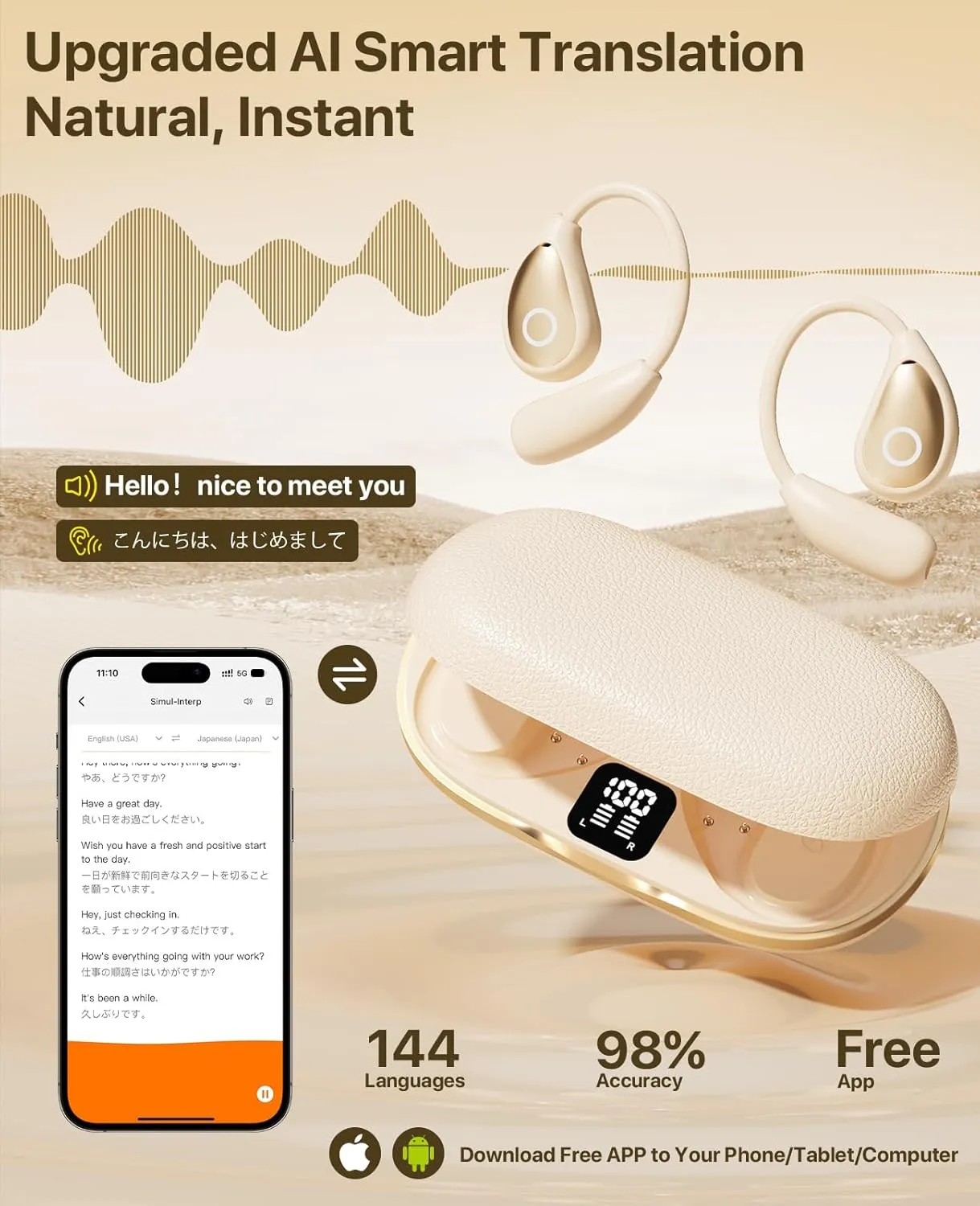 AI Translation Earbuds Real Time, 144 Language Translator Earbuds OWS 3-in-1 Translation Headphones, Translation Device for Travel Business Learning Compatible with iOS and AndroidOff-White
