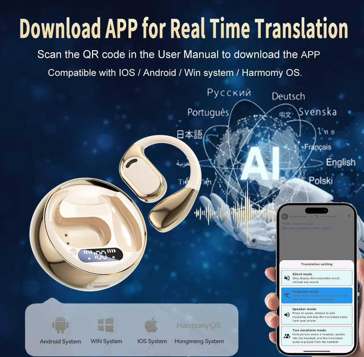 AI Translation Earbuds Real Time, 144-Language Translator Earbuds with APP Compatible with iOS & Android, Bluetooth 5.4 Wiress Headphones Translating Device for Travel and Business - Golden