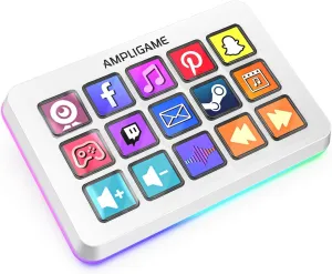AmpliGame FIFINE Gaming Controller with 15 Shortcuts for OBS Streaming Studio with Macro Keys, Trigger Actions, PC Media RGB Controller for Content Creation/Office Work-D6 White