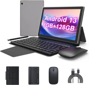 Android 13 Tablet 10 inch Tablets, 2 in1 Tablet with Keyboard Case Mouse Stylus, 8GB RAM 128GB ROM 1TB Expand, 2.0Ghz Quad-Core Processor, 5G Wi-Fi 6, Bluetooth 5.0, 6000mAh Battery, Dual Camera, GMS
