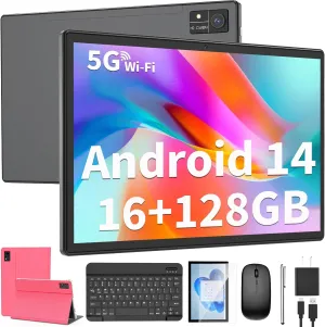 Android 14 Tablet with Keyboard, 10 Inch Display, 16GB RAM, 128GB ROM, 1TB Expandable, 5G WiFi, Bluetooth, 8000mAh Battery, GMS Certified, 2 in 1 Tablet with Keyboard, Mouse, Case, Stylus (Pink)
