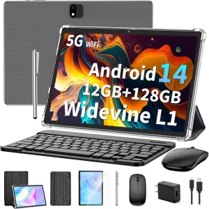 Android 14 Tablet with Keyboard, 12GB RAM (6 6), 128GB Storage, 1TB Expandable, 8000mAh Battery, 10 Inch 2-in-1 Tablets, Includes Case, Mouse & StylusBlack