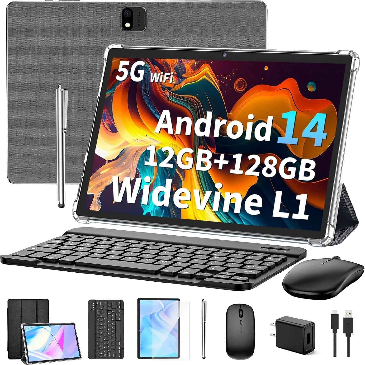 Android 14 Tablet with Keyboard, 12GB RAM (6 6), 128GB Storage, 1TB Expandable, 8000mAh Battery, 10 Inch 2-in-1 Tablets, Includes Case, Mouse & StylusBlack