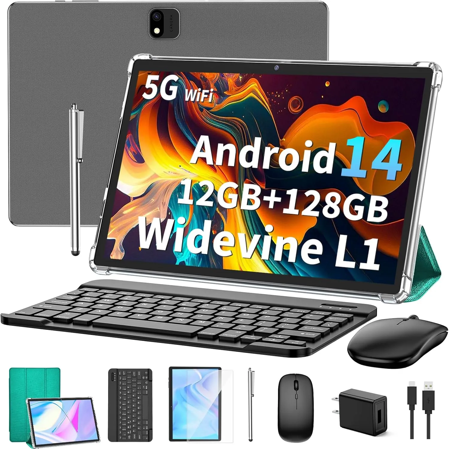 Android 14 Tablet with Keyboard, 12GB RAM (6 6), 128GB Storage, 1TB Expandable, 8000mAh Battery, 10 Inch 2-in-1 Tablets, Includes Case, Mouse & StylusGreen