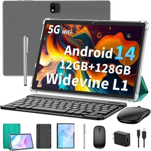 Android 14 Tablet with Keyboard, 12GB RAM (6 6), 128GB Storage, 1TB Expandable, 8000mAh Battery, 10 Inch 2-in-1 Tablets, Includes Case, Mouse & StylusGreen