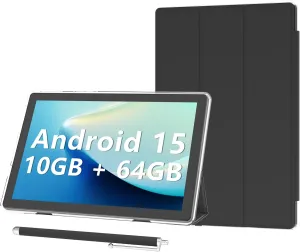 Android 15 Tablet 10 inch Tablets with Case, 10GB RAM   64GB ROM (Expand to 1TB), Quad Core Processor Tablets, 5G WiFi 6, BT5.0, 1280x800 HD Screen, 6000mAh, Dual Camera, GMS, Widevine L1, Black