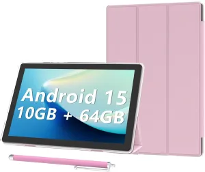 Android 15 Tablet 10 inch Tablets with Case, 10GB RAM   64GB ROM (Expand to 1TB), Quad Core Processor Tablets, 5G WiFi 6, BT5.0, 1280x800 HD Screen, 6000mAh, Dual Camera, GMS, Widevine L1, Pink