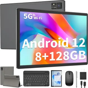 Android Tablet with Keyboard, 10 inch Android 12 Tablet, 8GB RAM 128GB ROM,1TB Expand, 5G WiFi, Bluetooth, 8000mAh Battery, GMS Certified, 2 in 1 Tablet with Keyboard, Mouse, Case, Stylus(Silver)