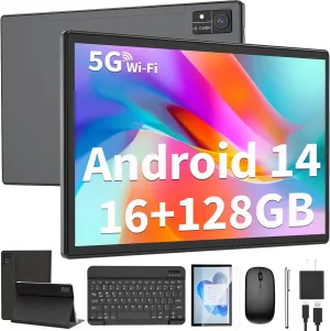 Android Tablet with Keyboard, 10 inch Android 14 Tablet, 16GB RAM 128GB ROM,1TB Expand, 5G WiFi, Bluetooth, 8000mAh Battery, GMS Certified, 2 in 1 Tablet with Keyboard, Mouse, Case, Stylus(Black)
