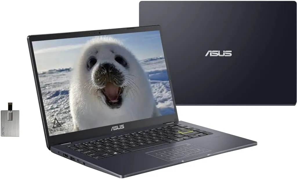 ASUS HD 14-inch Laptop, Intel Celeron N4020 Processor, 4GB RAM, 64GB eMMC Flash Memory, Intel HD Graphics 500, HD Webcam, Stereo Speakers, Black, Windows 11S, 32GB Snowbell USB Card (Renewed)