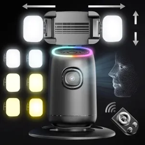 Auto Face Tracking Tripod,360Rotation Tracking Phone Stand,Phone Camera Stand with Remote,Colorful Light and Gesture Control,Rechargeable Smart Shooting Stand for Live Video Recording,FaceTime,No APP