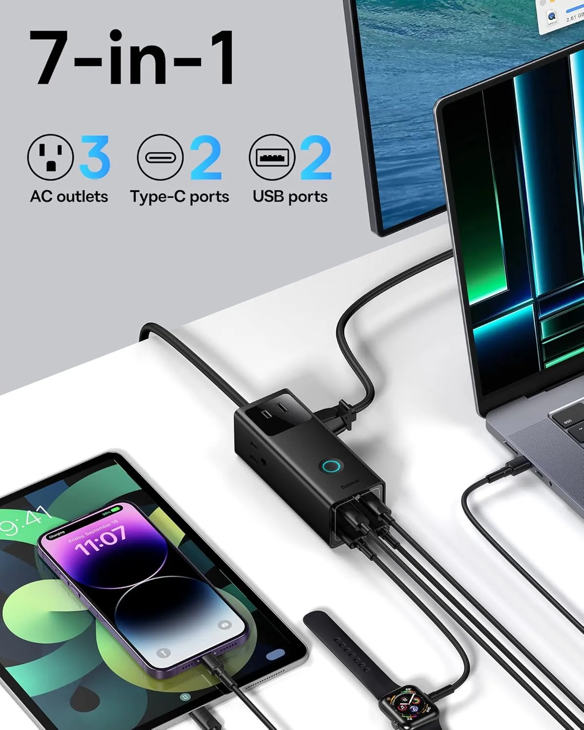 Baseus Power Strip Surge Protector 1200J - PD65W USB C Charger Extension Cord with 3 AC Outlets & 4 USB Port Fast Charging Charging Station for Office Dorm Room Home