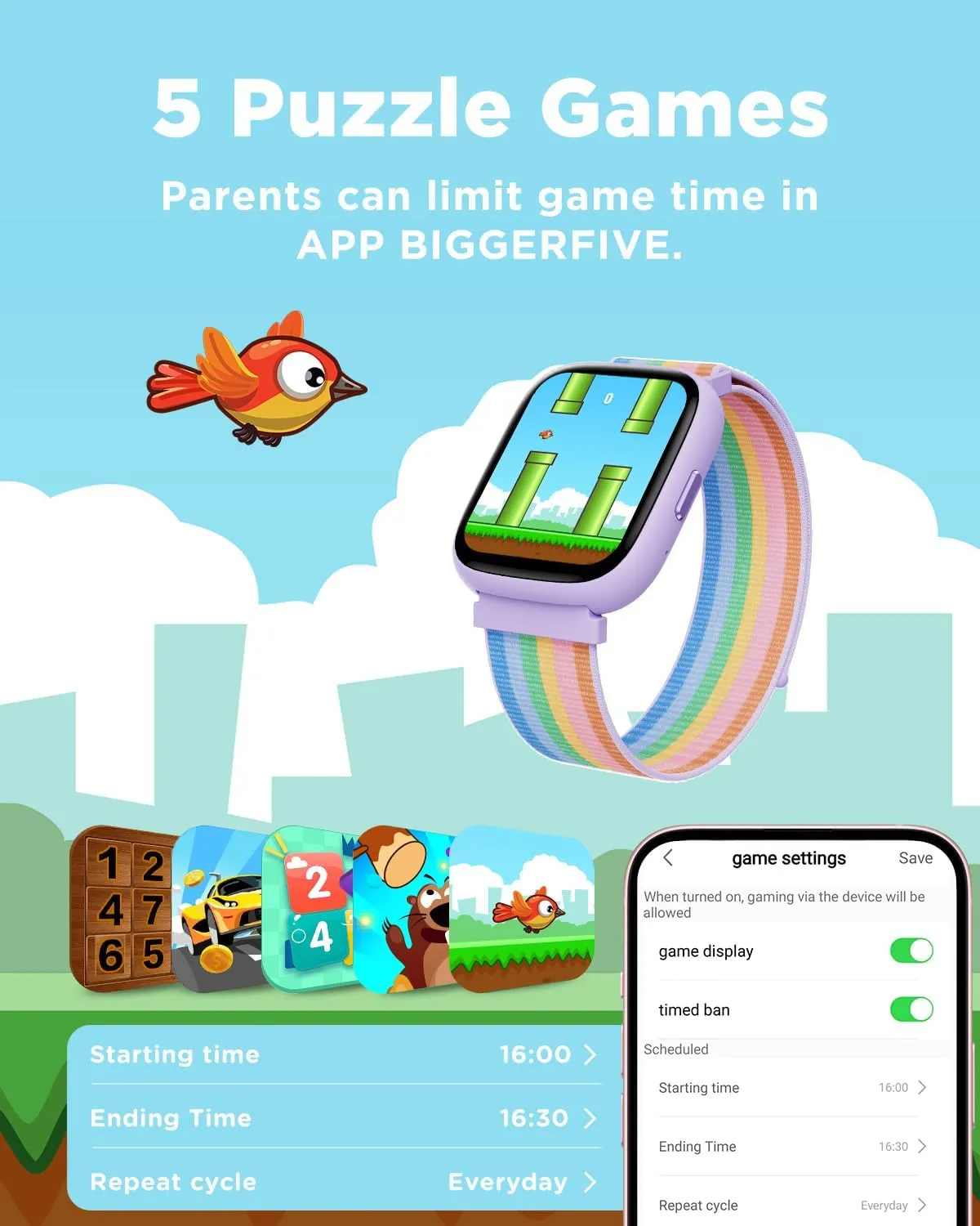 BIGGERFIVE Smart Watch for Kids, 1.8" Fitness Tracker Watch Pedometer, Heart Rate, IP68 Waterproof, Sleep Monitor, Calorie Step Counter, 5 Puzzle Games with/Without APP for Girls Teens 5-16, Nylon